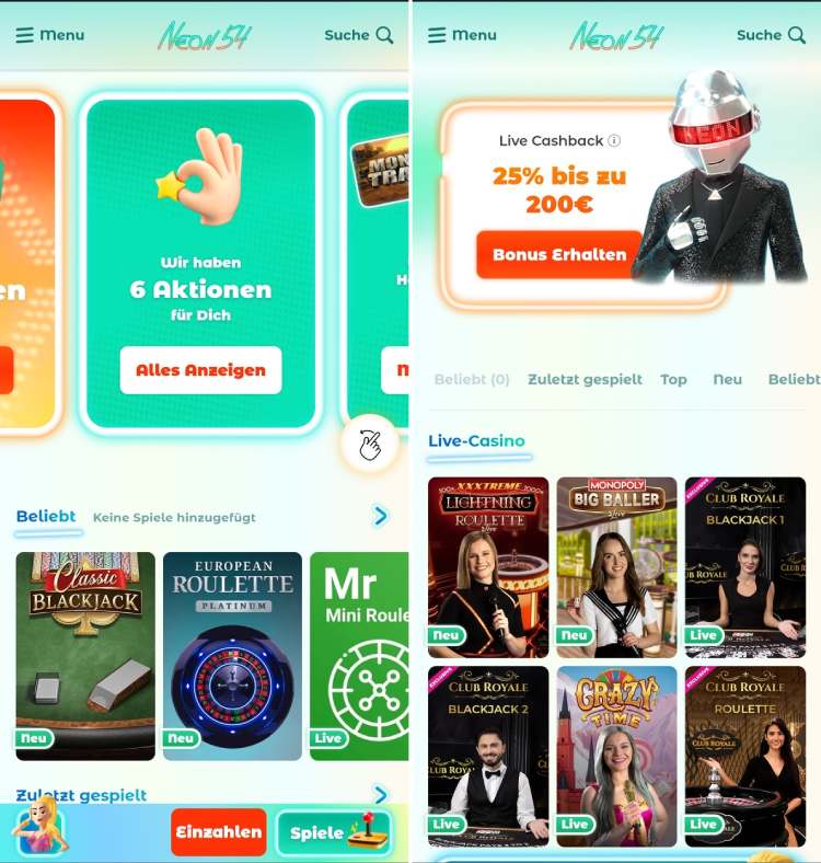 Neon54 Casino Mobile Screenshot